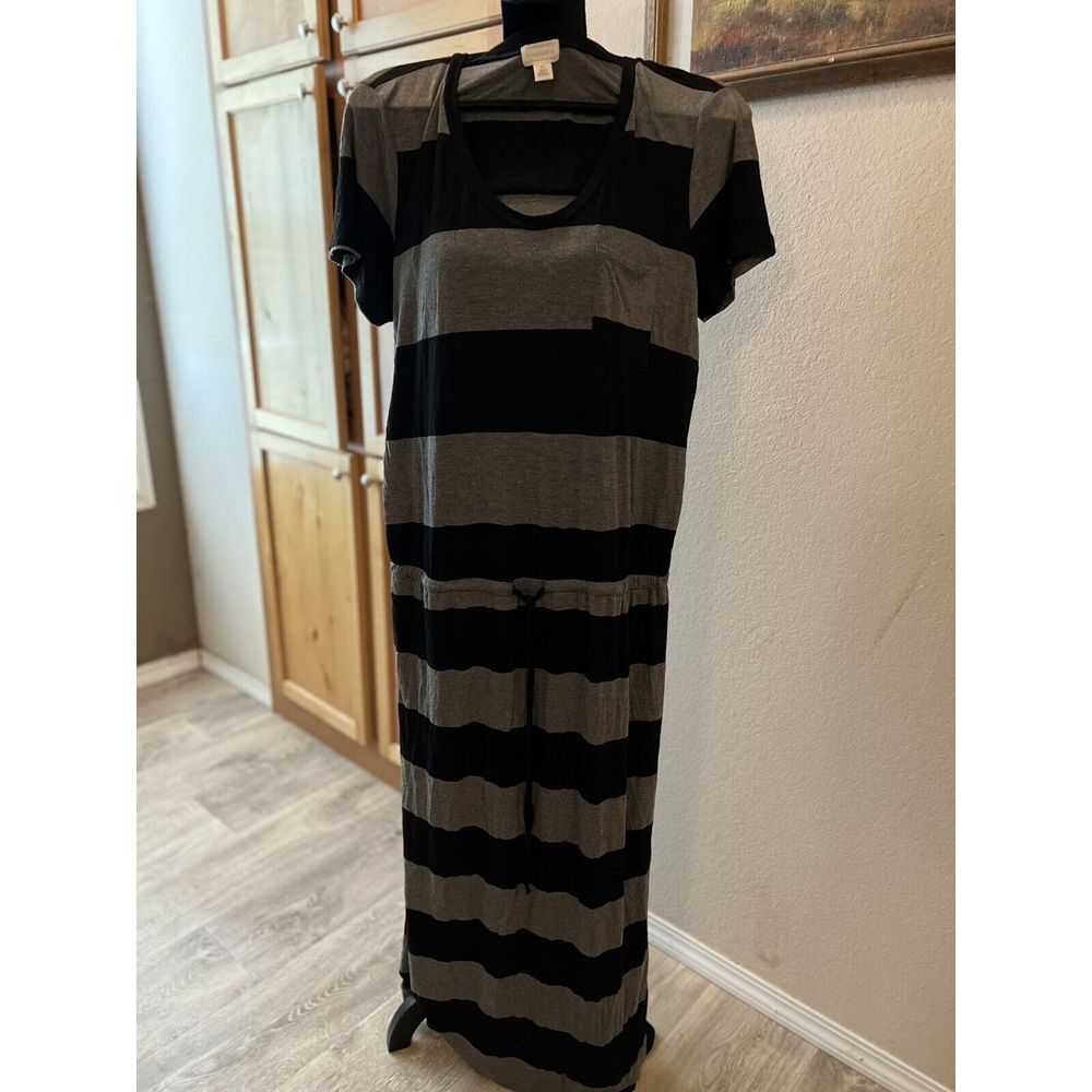 Caslon Women Dress XXL Black Gray Drawstring Striped Loose Fit (102)